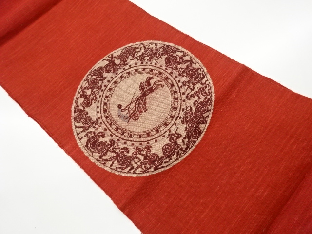 リサイクル　手織り紬鏡裏に御者・抽象模様織出し名古屋帯